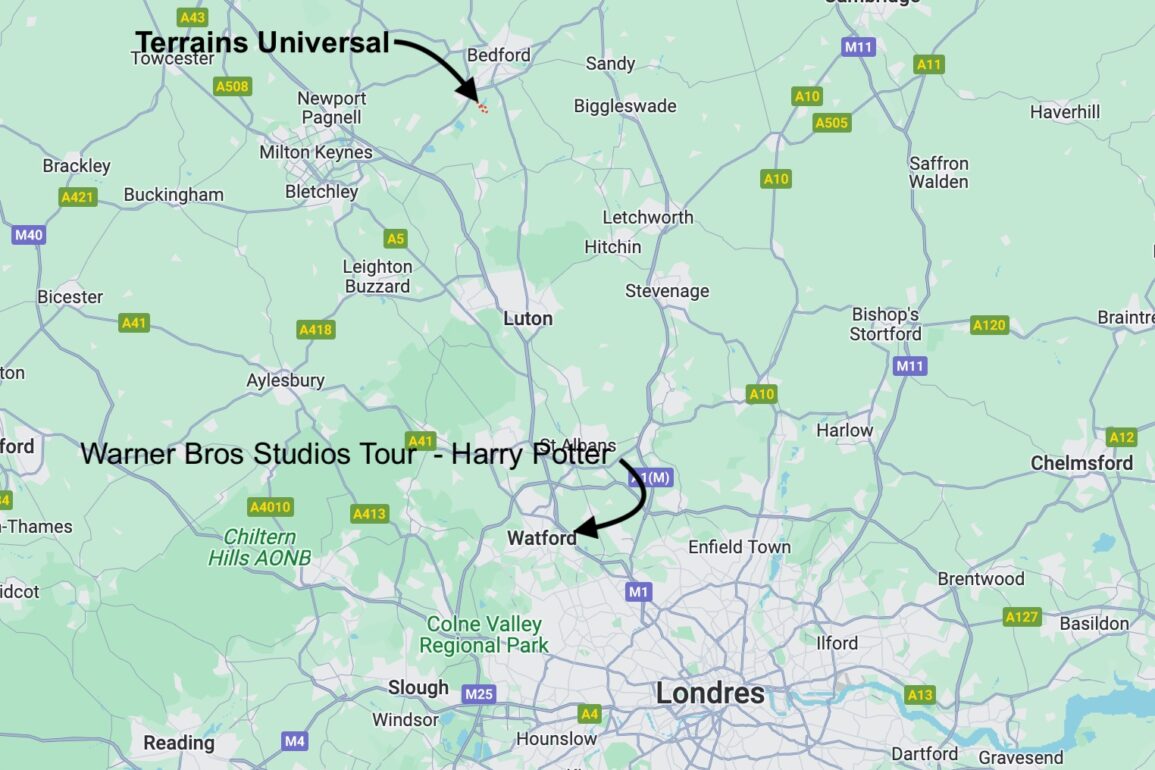 Carte montrant l'emplacement présumé d'Universal Studios UK