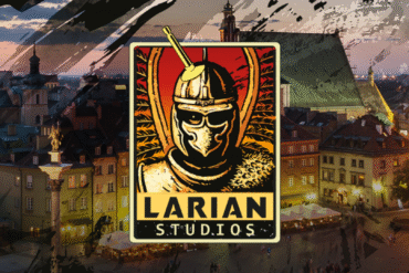 Logo de Larian Studios sur un fond décoratif