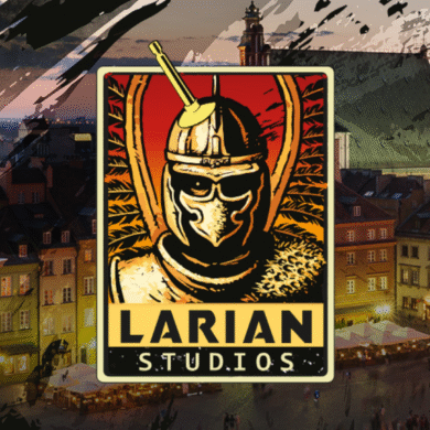 Logo de Larian Studios sur un fond décoratif
