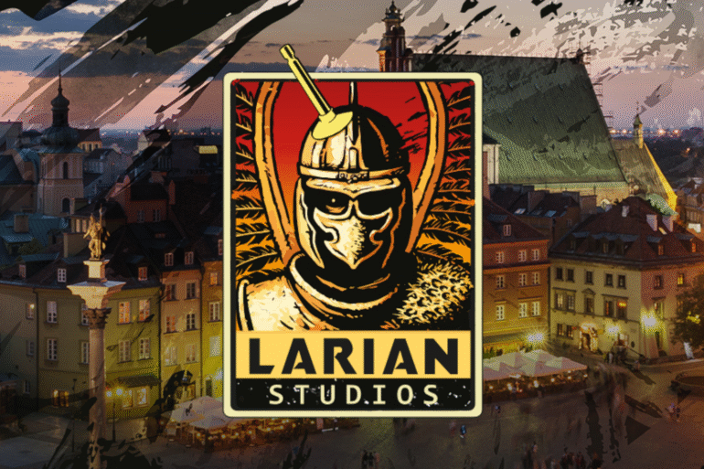 Logo de Larian Studios sur un fond décoratif